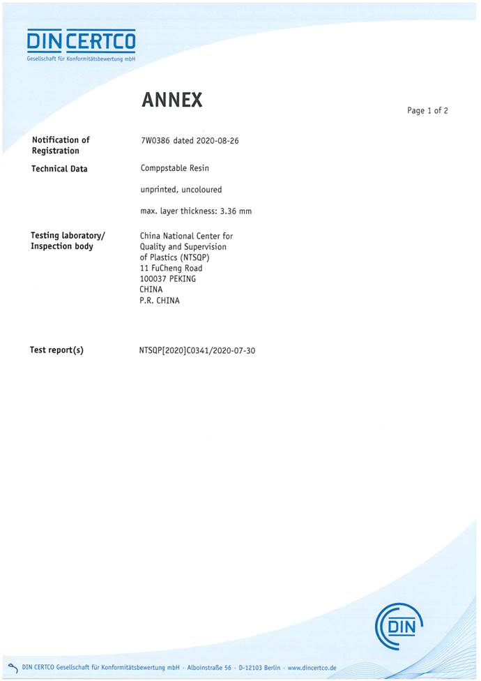 DIN certification of polycaprolactone _ number 9K0087